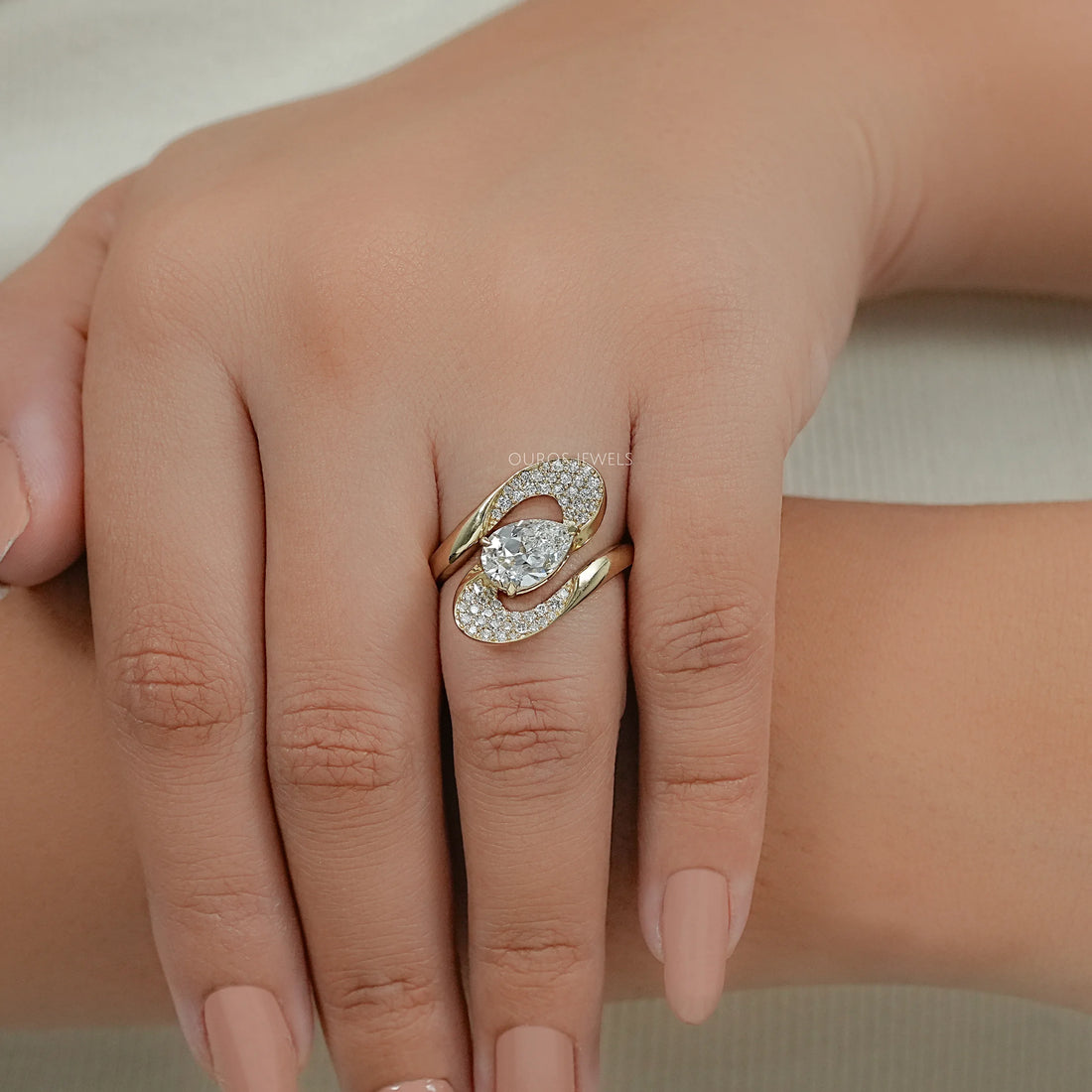 Old Mine Pear Lab Diamond Bypass Pave Ring Ring