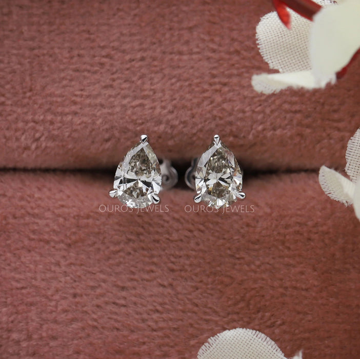 Pear Moss Agate Diamond Stud Earrings