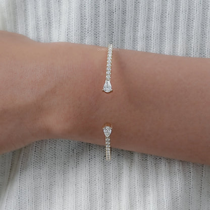 Pear and Round Lab Grown Diamond Open Cuff Bangle Bracelet