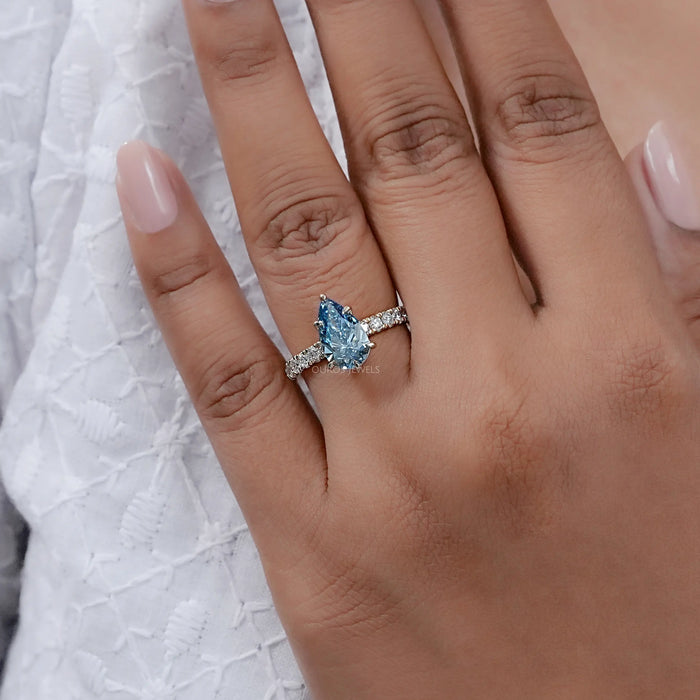 Blue Pear Cut Diamond Solitaire Accent Diamond Ring