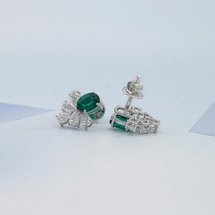 Green Oval  And Pear Lab Diamond Floral Stud Earrings