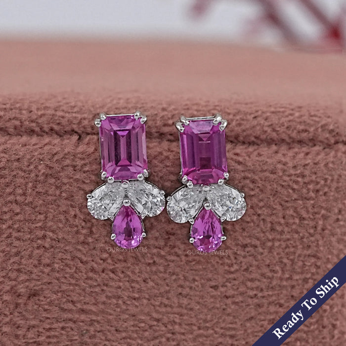 Lab Pink Emerald Gemstone Stud Earrings