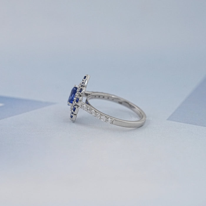 Blue Pear And Round Cut Double Halo Solitaire Accent Ring