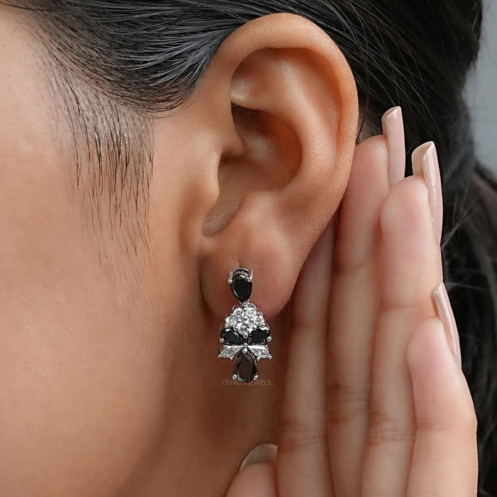 Black Pear Cut Lab Diamond Cluster Drop Dangle Earring