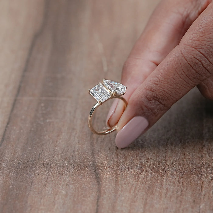 Pear And Emerald  Diamond Two Stone Ring