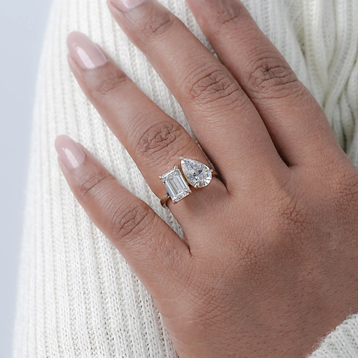 Pear And Emerald  Diamond Two Stone Ring