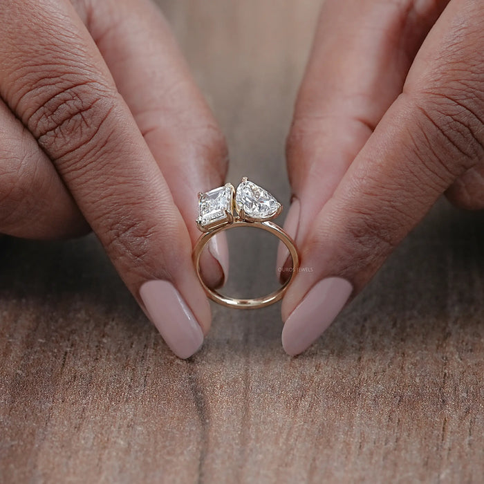 Pear And Emerald  Diamond Two Stone Ring
