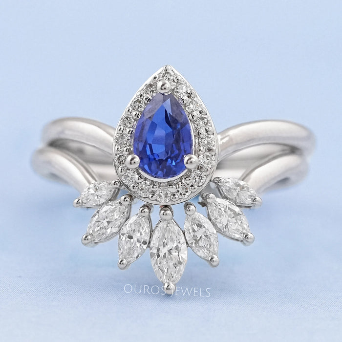 Sapphire Pear Carved Wedding Ring 