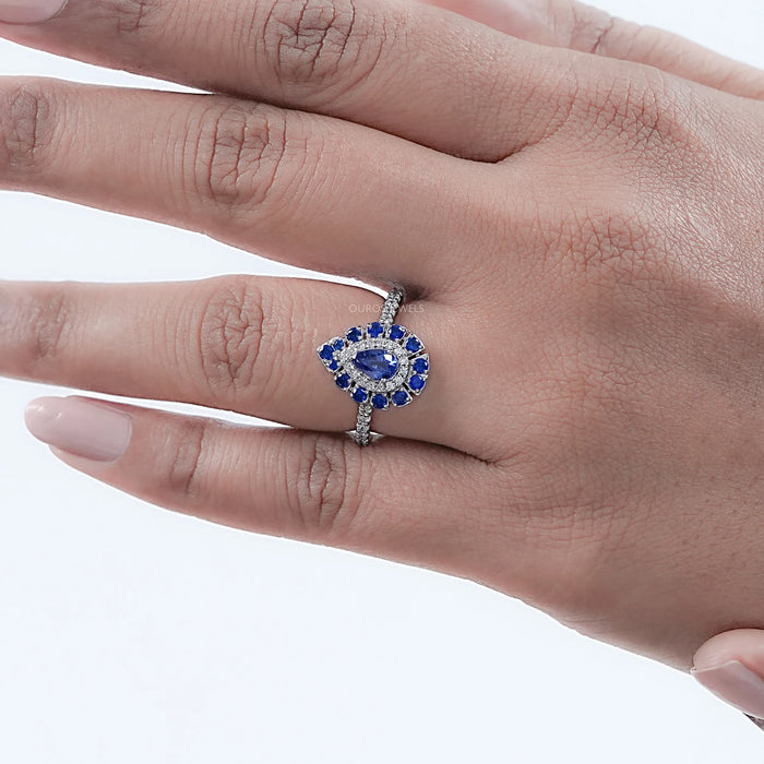 Blue Pear And Round Cut Double Halo Solitaire Accent Ring