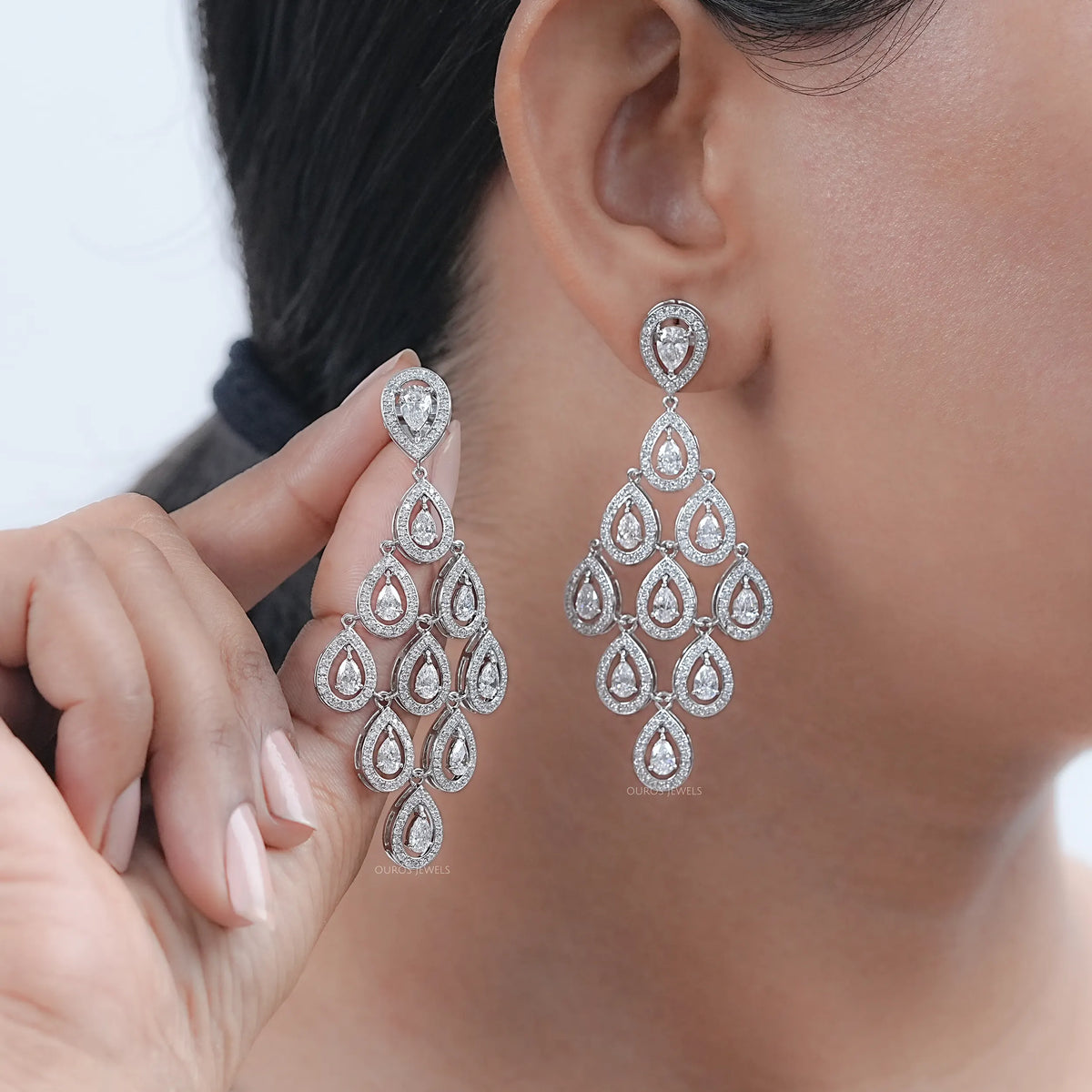 Pear Diamond Halo Set Dangle Chandelier Earrings