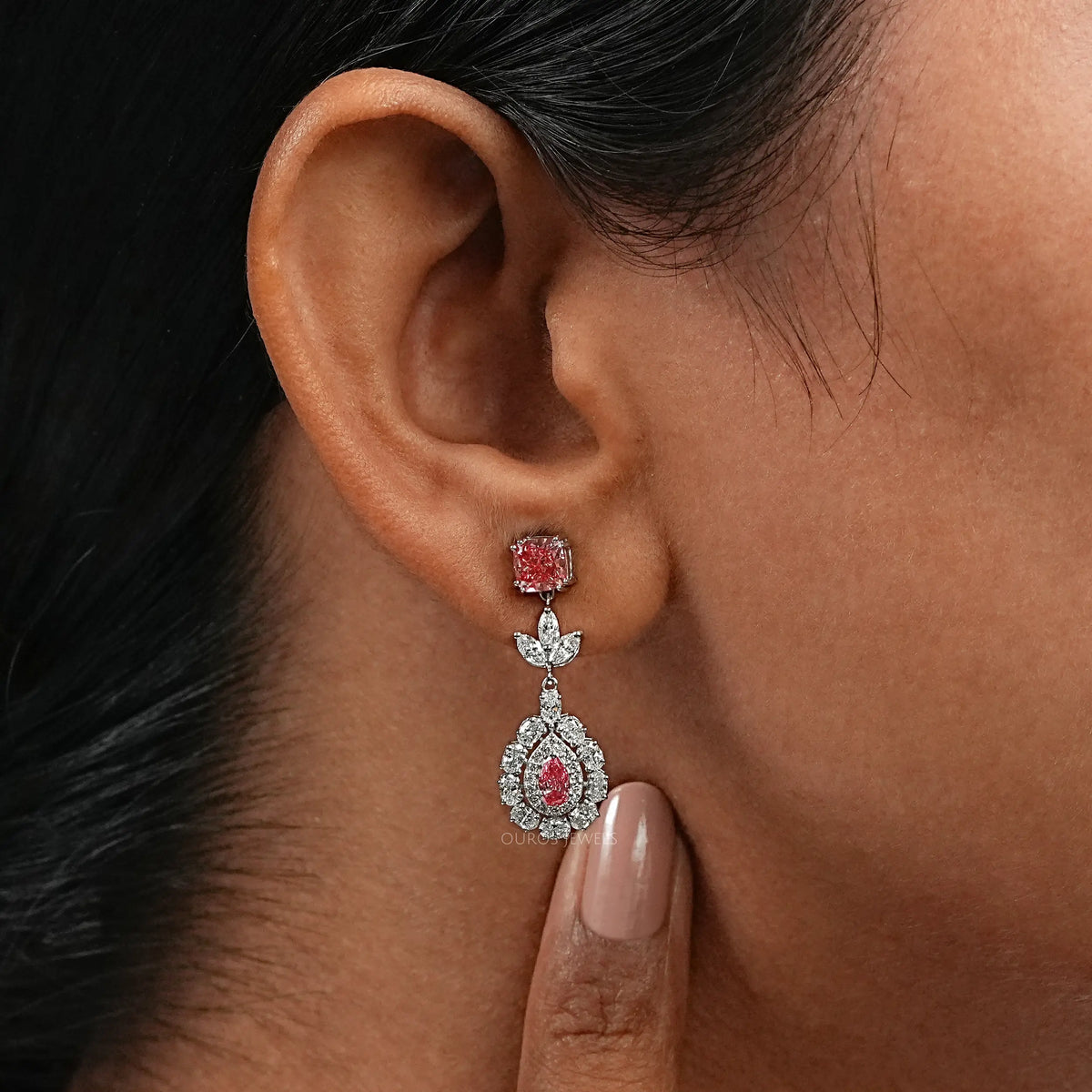 Pink Diamond Double Halo Pear Dangle Earrings Earrings