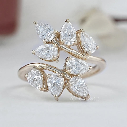 Diamond Pear Cluster Leaf Design Ring