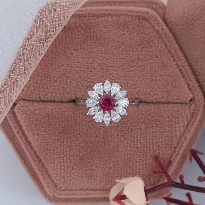 Ruby Round And Lab Diamond Floral Halo Engagement Ring