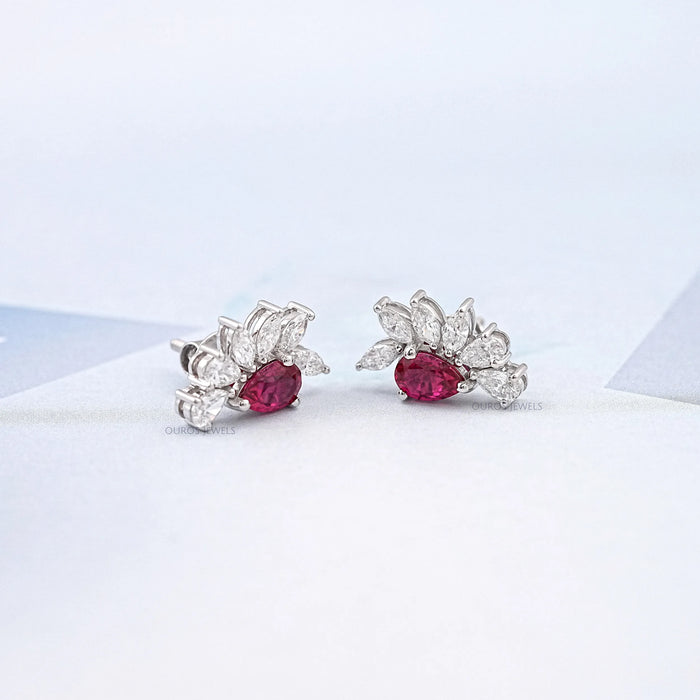 Pear Ruby Gemstone And Marquise Diamond Earrings 