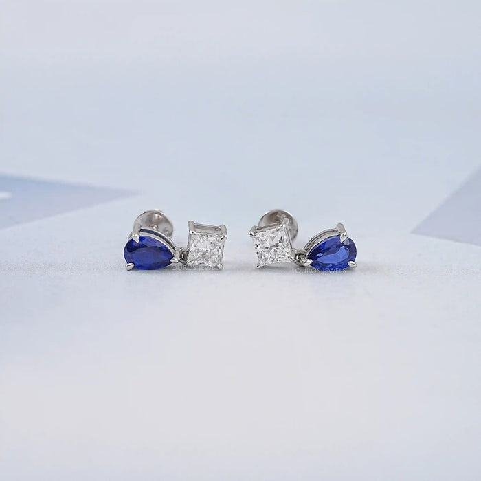 Pear Sapphire and Princess Cut Diamond Earrings