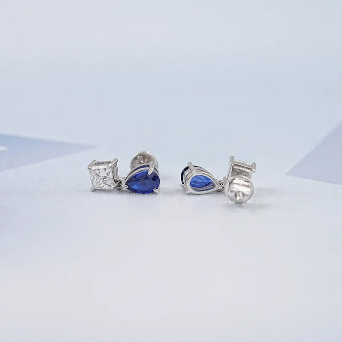 Pear Sapphire and Princess Cut Diamond Earrings