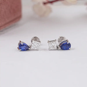 Pear Sapphire And  Princess Diamond Two Stone Earrings