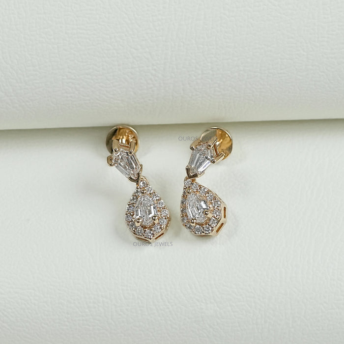 Step Cut Pear Halo Diamond Dangle Earrings