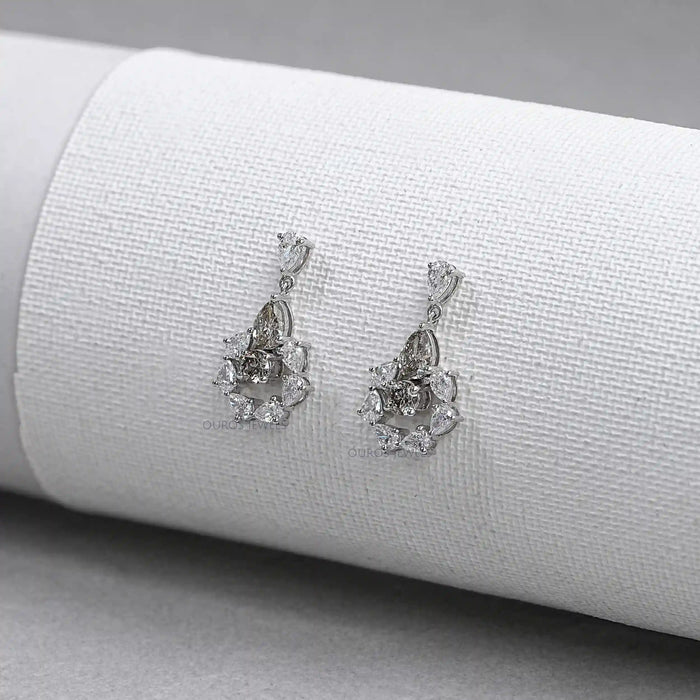 Olive Pear And Round Lab Diamonds Halo Drop Earrings