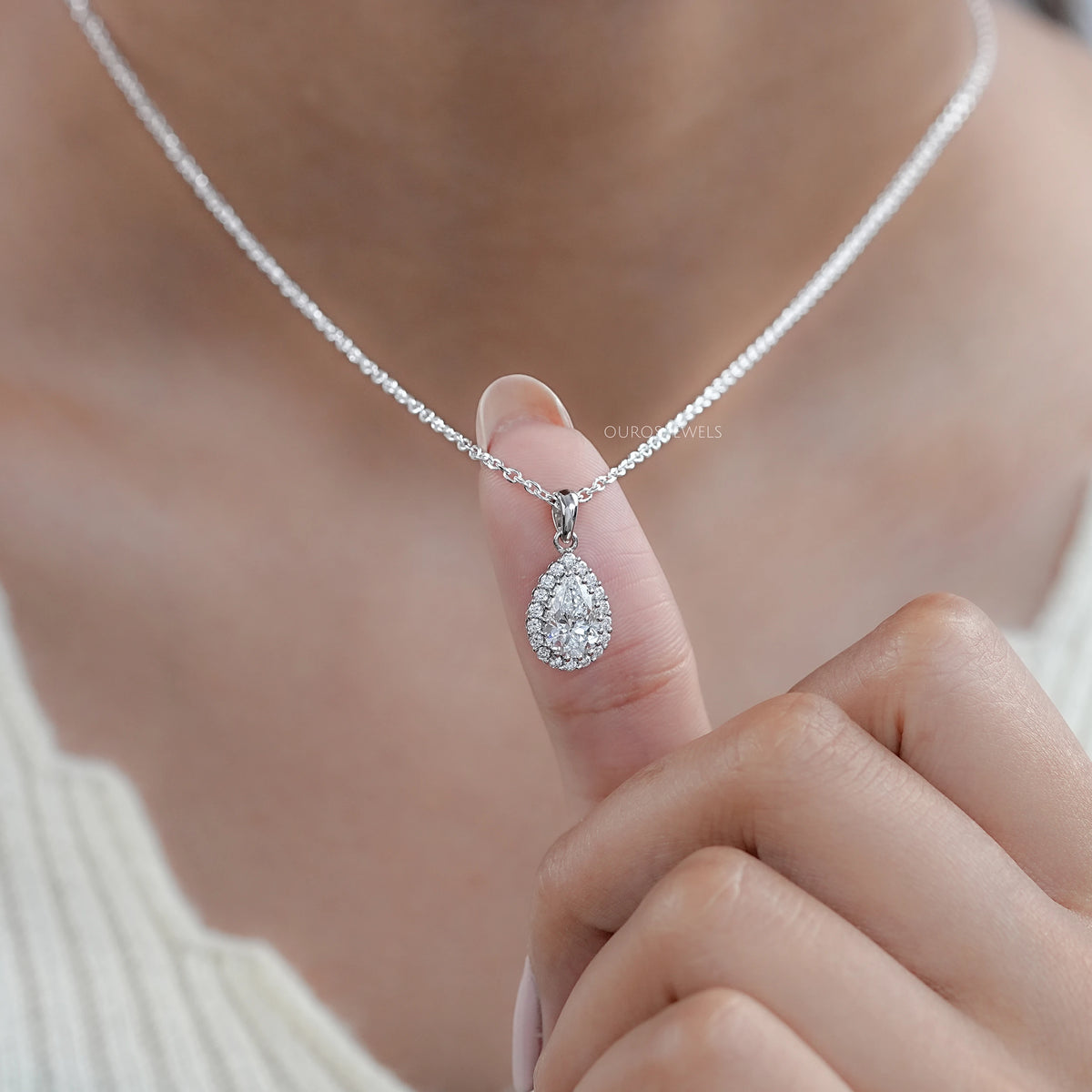 Pear Shape Lab Grown Diamond Halo Pendant Necklaces
