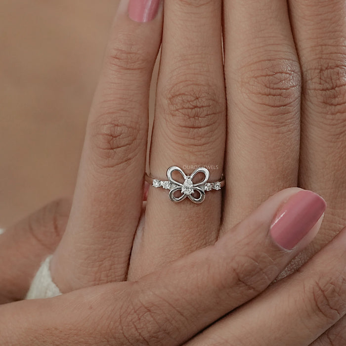 Pear Shaped Diamond Butterfly Dainty Ring