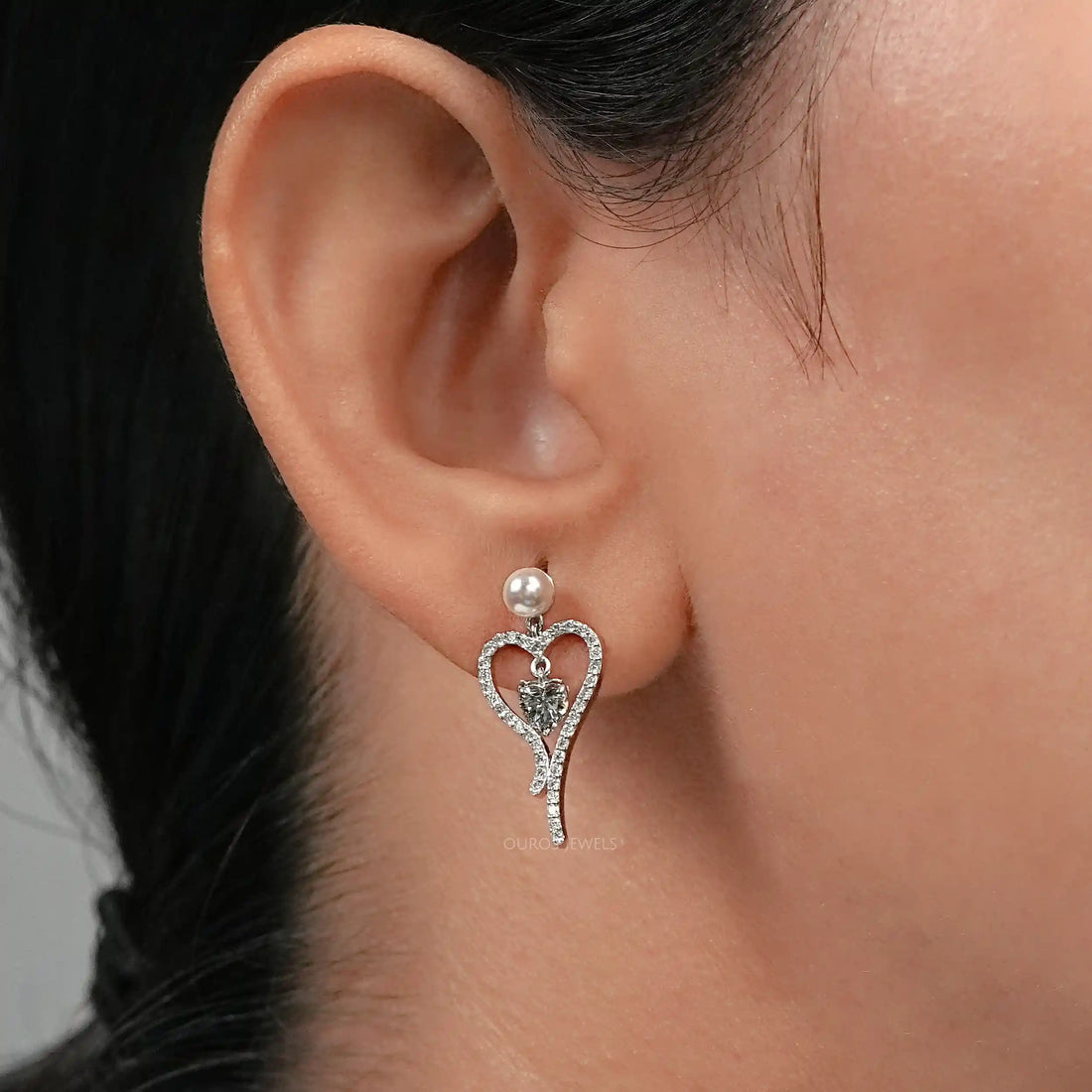 Olive Heart Diamond Pearl Drop Earrings