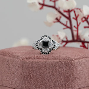 Half Moon Halo Black Diamond Engagement Ring