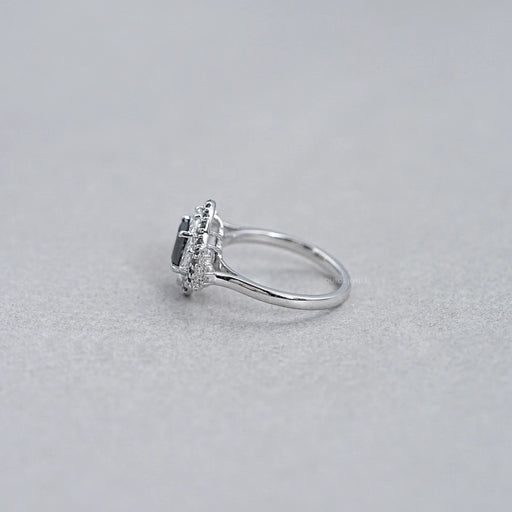 side view of princess cut black diamond half moon halo engagement ring