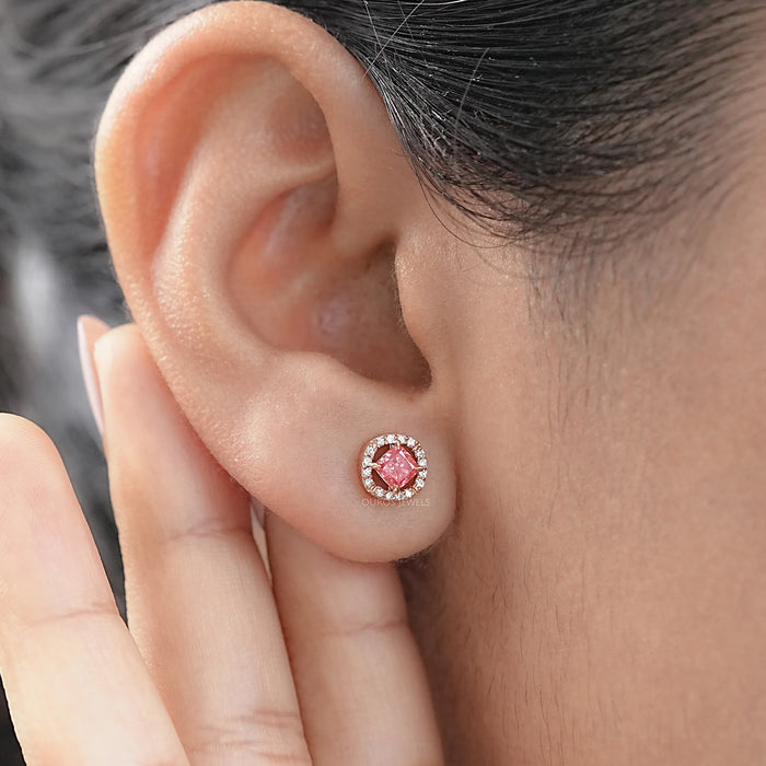 Pink Cushion Lab Created Diamond Halo Earrings