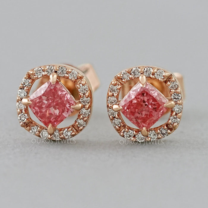 Pink Cushion Lab Created Diamond Halo Earrings