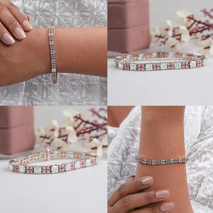 Asscher Diamond And Pink Round Tennis Bracelet