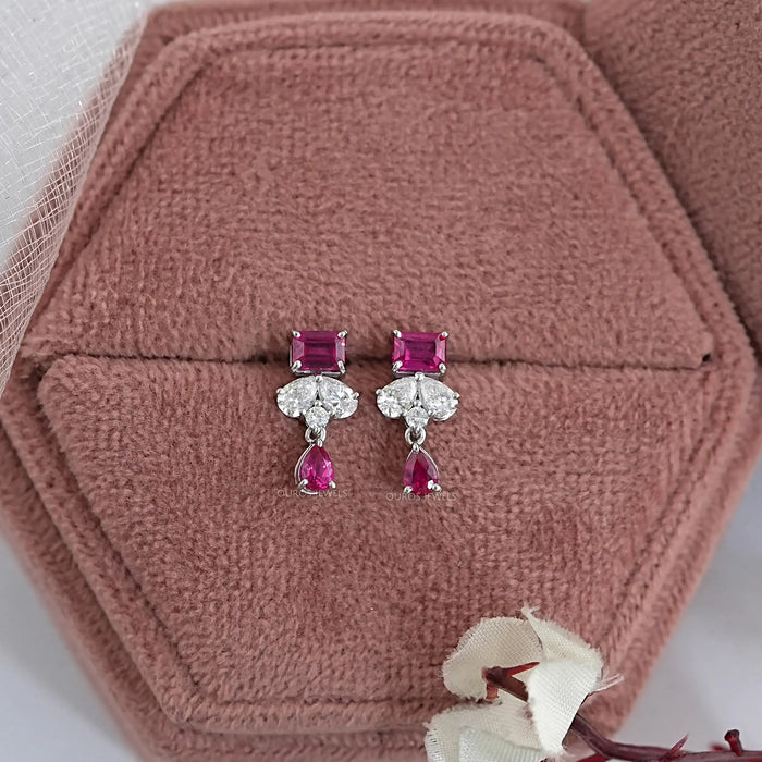 Pink Emerald Gemstone And Pear Diamond Drop Earrings