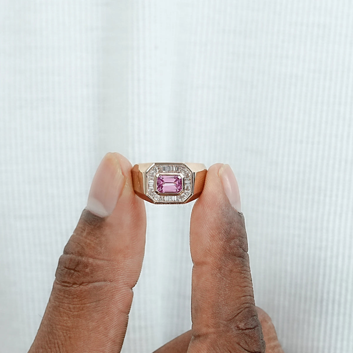 Pink Emerald Gemstone Men's Halo Ring Ring