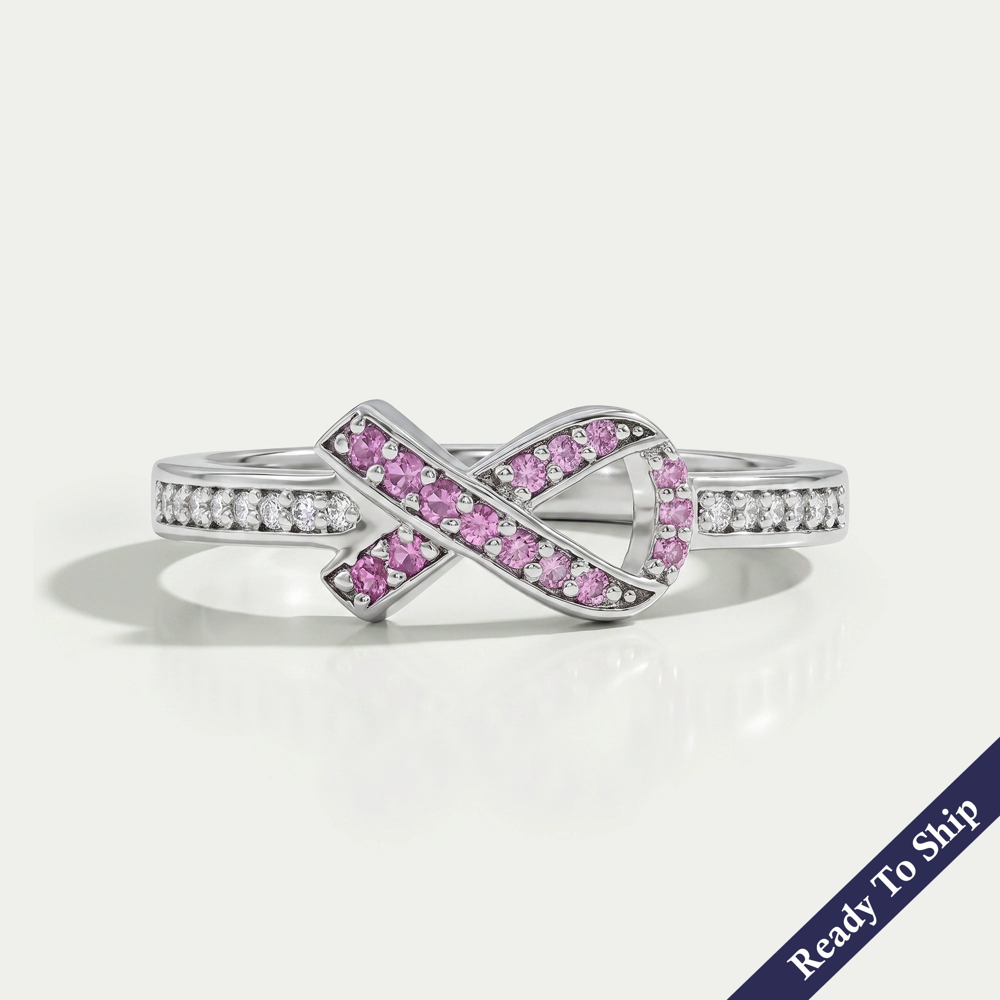 Round Pink Gemstone Cancer Ribbon Accent Ring Ring