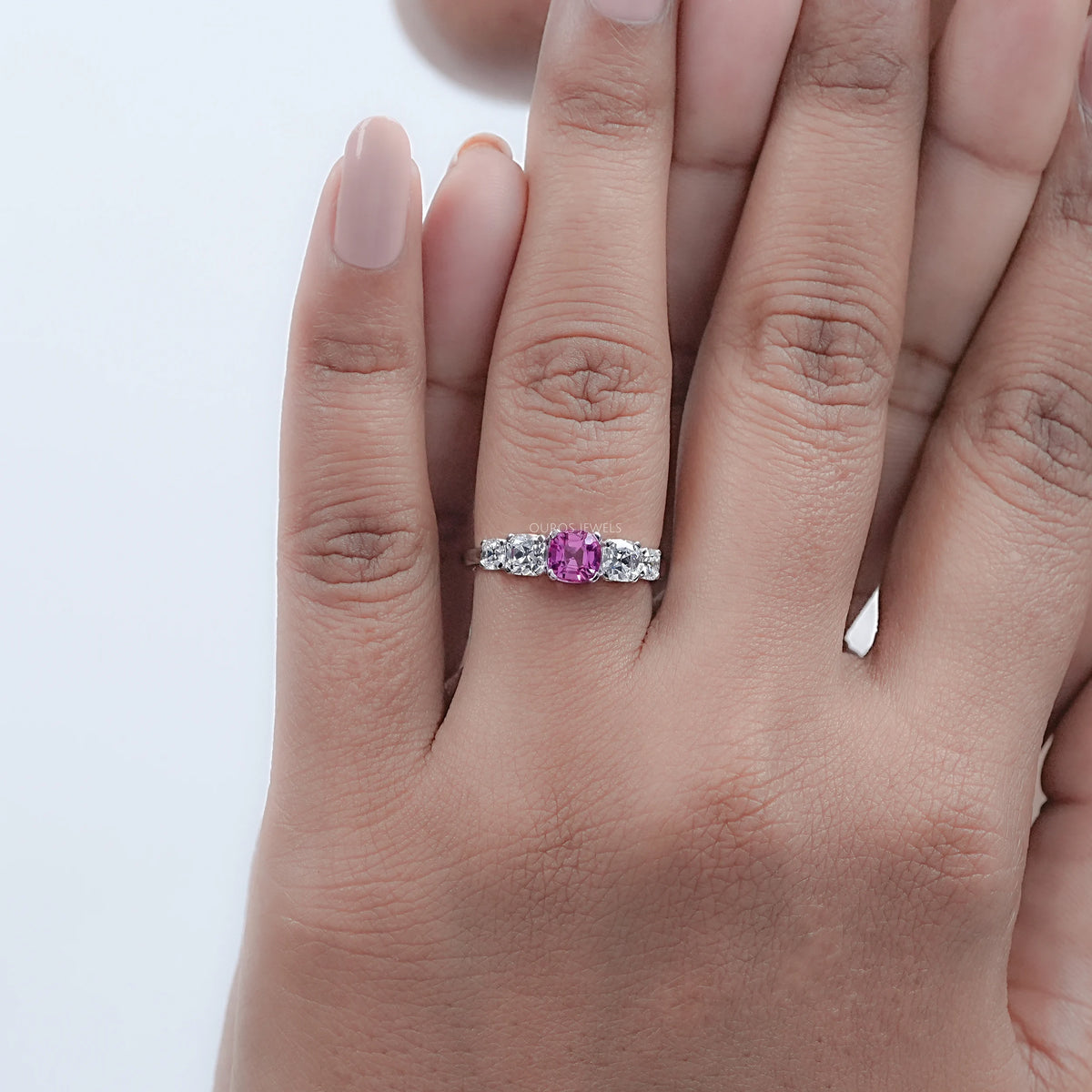 Five Stone Pink Square Cushion Cut Engagement Ring