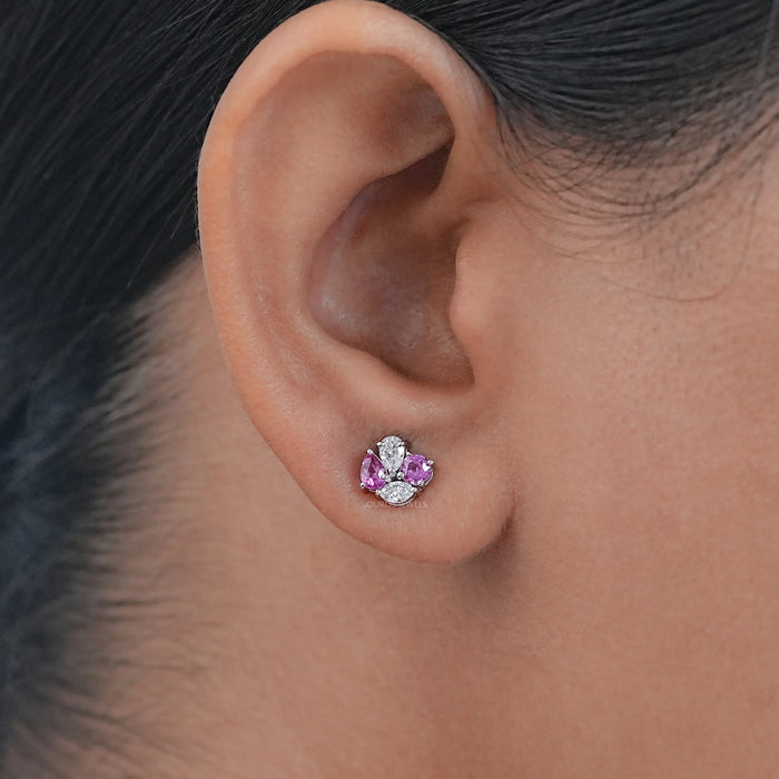 Pink Pear And Round Diamond Cluster Earrings