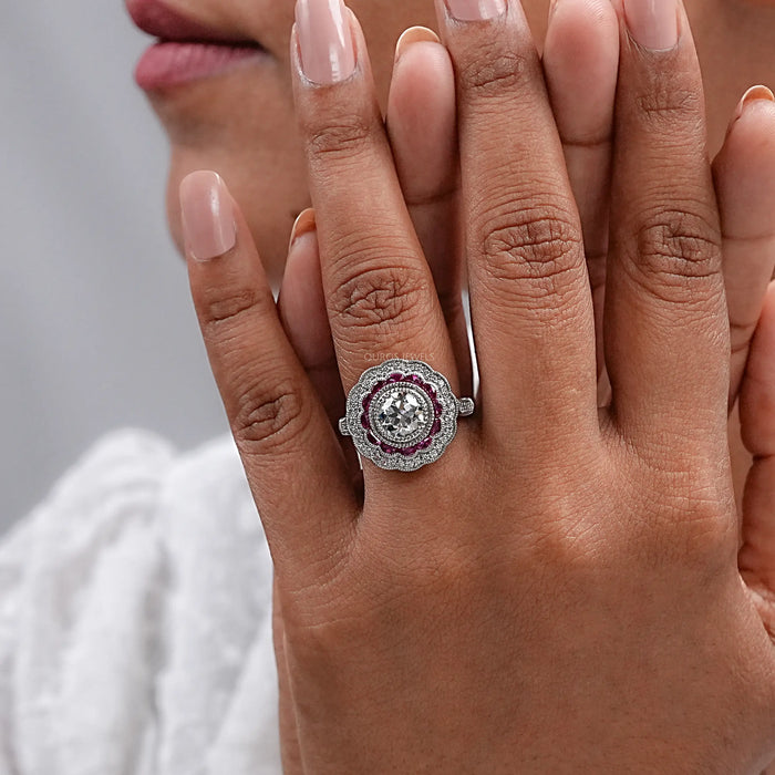 Old European Round Cut & Pink Halo Half Moon Gemstone Ring