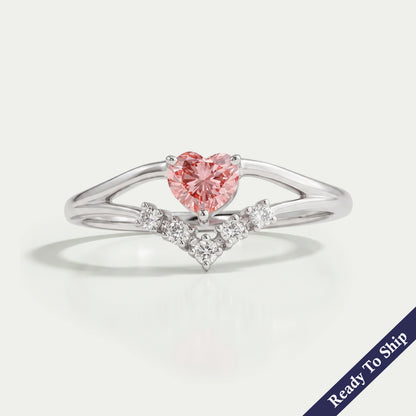 Pink Heart Curved Cluster Diamond Dainty Ring