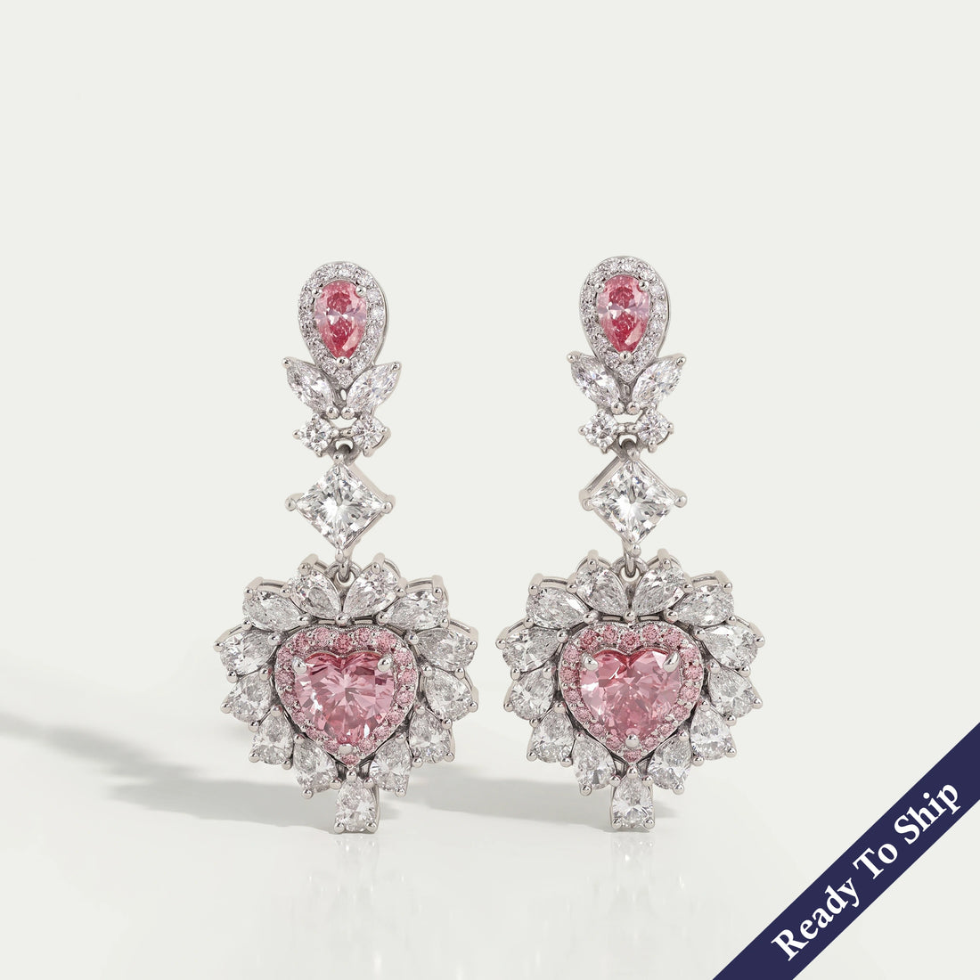 Pink Heart Lab Diamond Double Halo Drop Earrings Earrings
