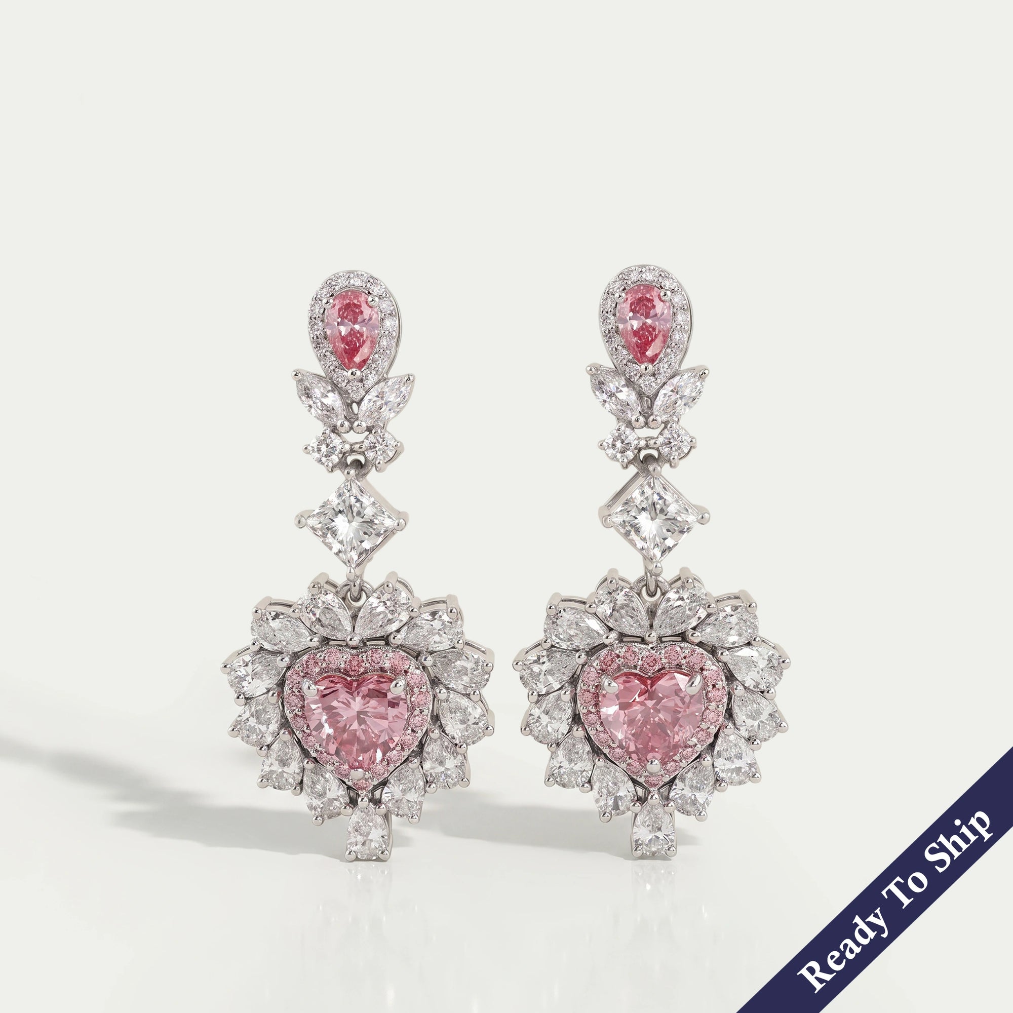Pink Heart Lab Diamond Double Halo Drop Earrings Earrings