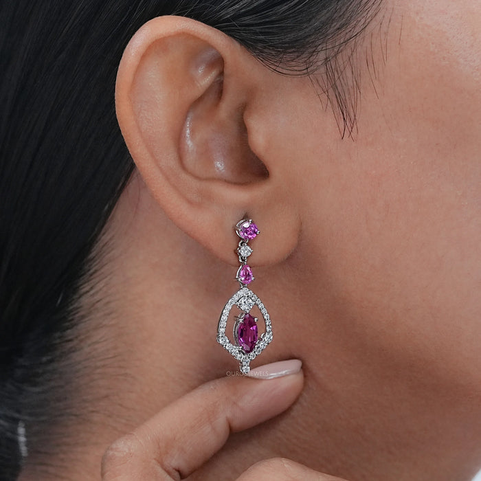 Pink Sapphire Marquise Cut Cluster Diamond Dangle Earrings