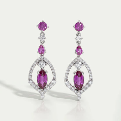 Pink Sapphire Marquise Cut Cluster Diamond Dangle Earrings 