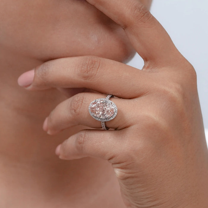 Fancy Pink Oval Cut Lab Diamond Halo Engagement Ring