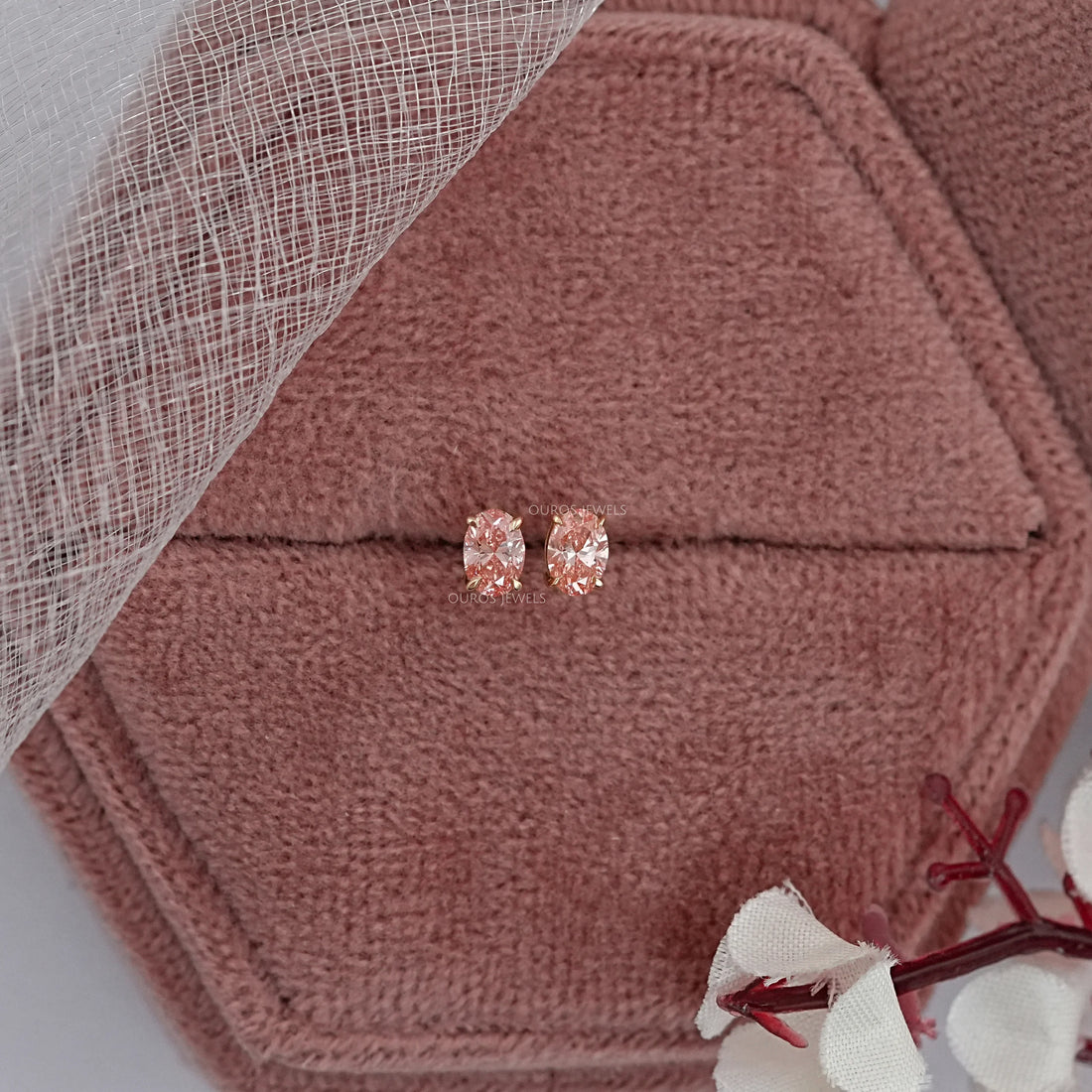 Fancy Pink Stud Earrings, 14K Yellow Gold Oval Stud Earrings