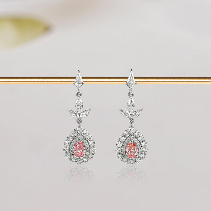 Pink Pear Shape Double Halo Drop Earrings  