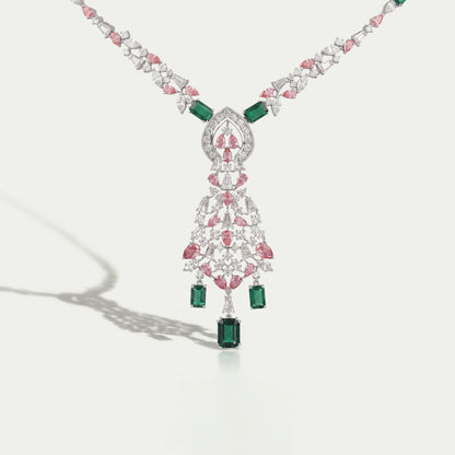 Green Emerald & Pink Pear Diamond Wedding Necklace