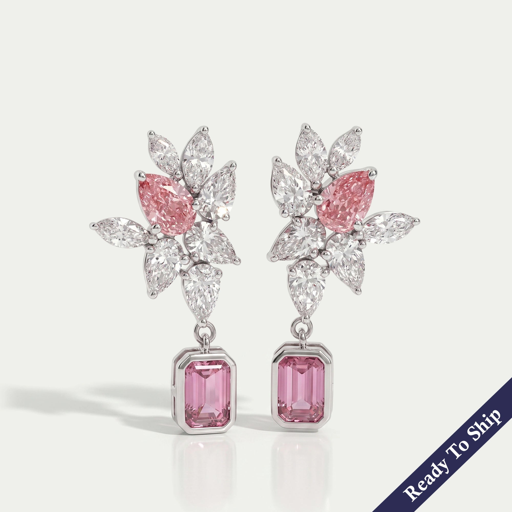 Pink Emerald And Pear Diamond Cluster Drop Earrings Earrings