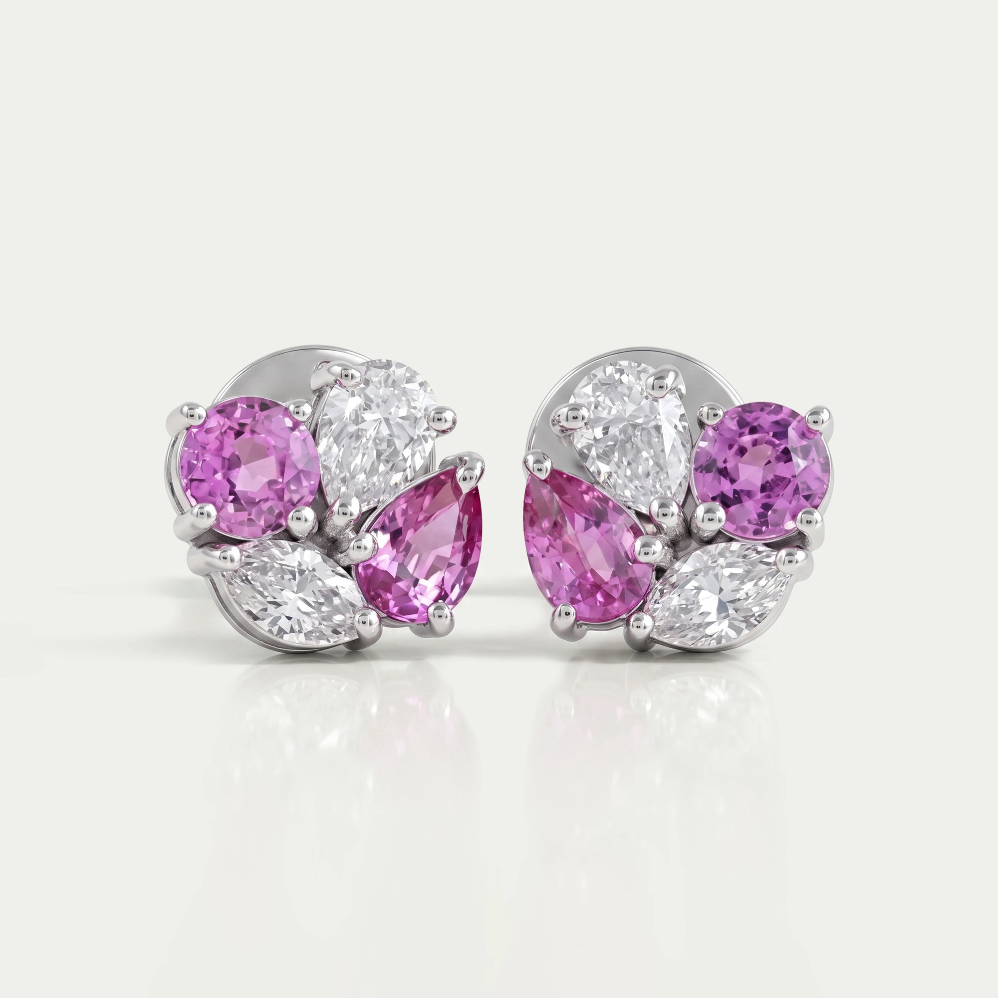 Pink Pear And Round Diamond Cluster Earrings