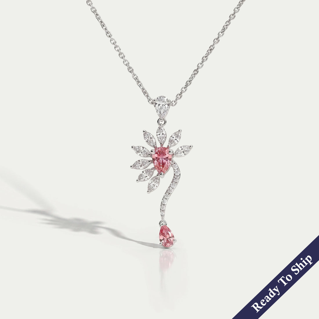 Pink Pear Lab Diamond Flower Shape Pendant Necklaces