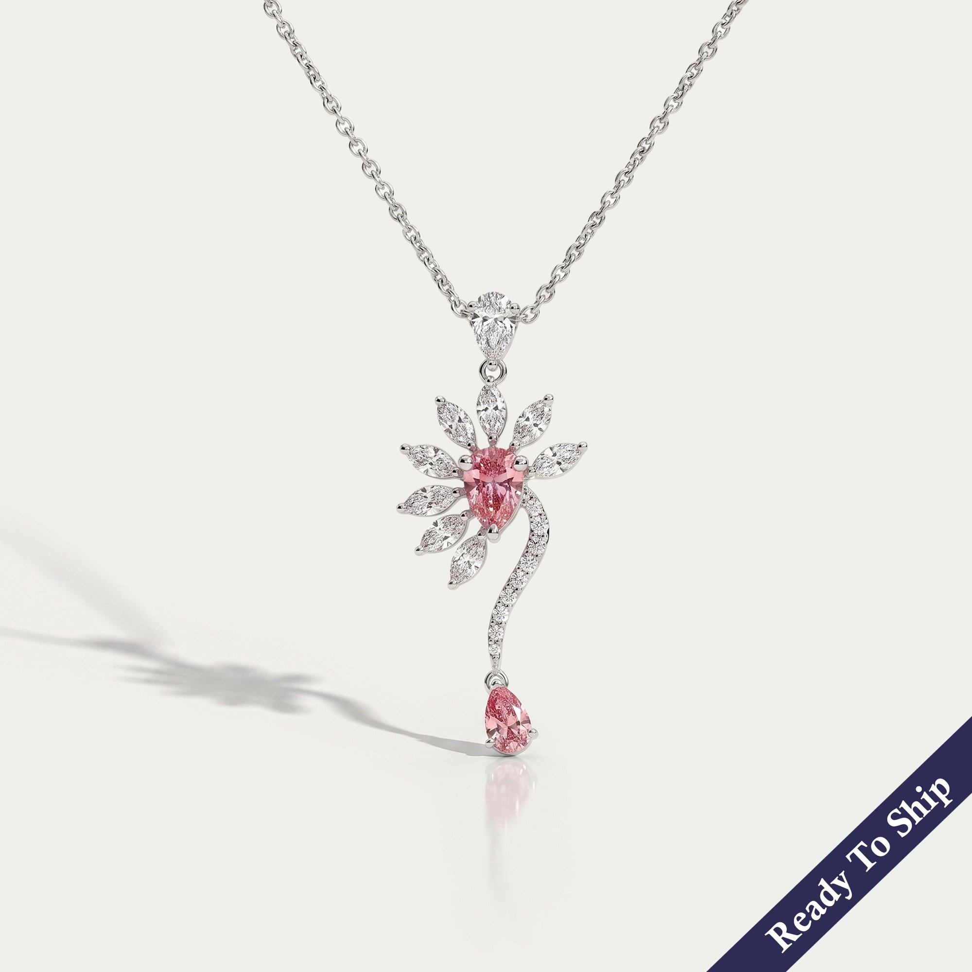 Pink Pear Lab Diamond Flower Shape Pendant Necklaces